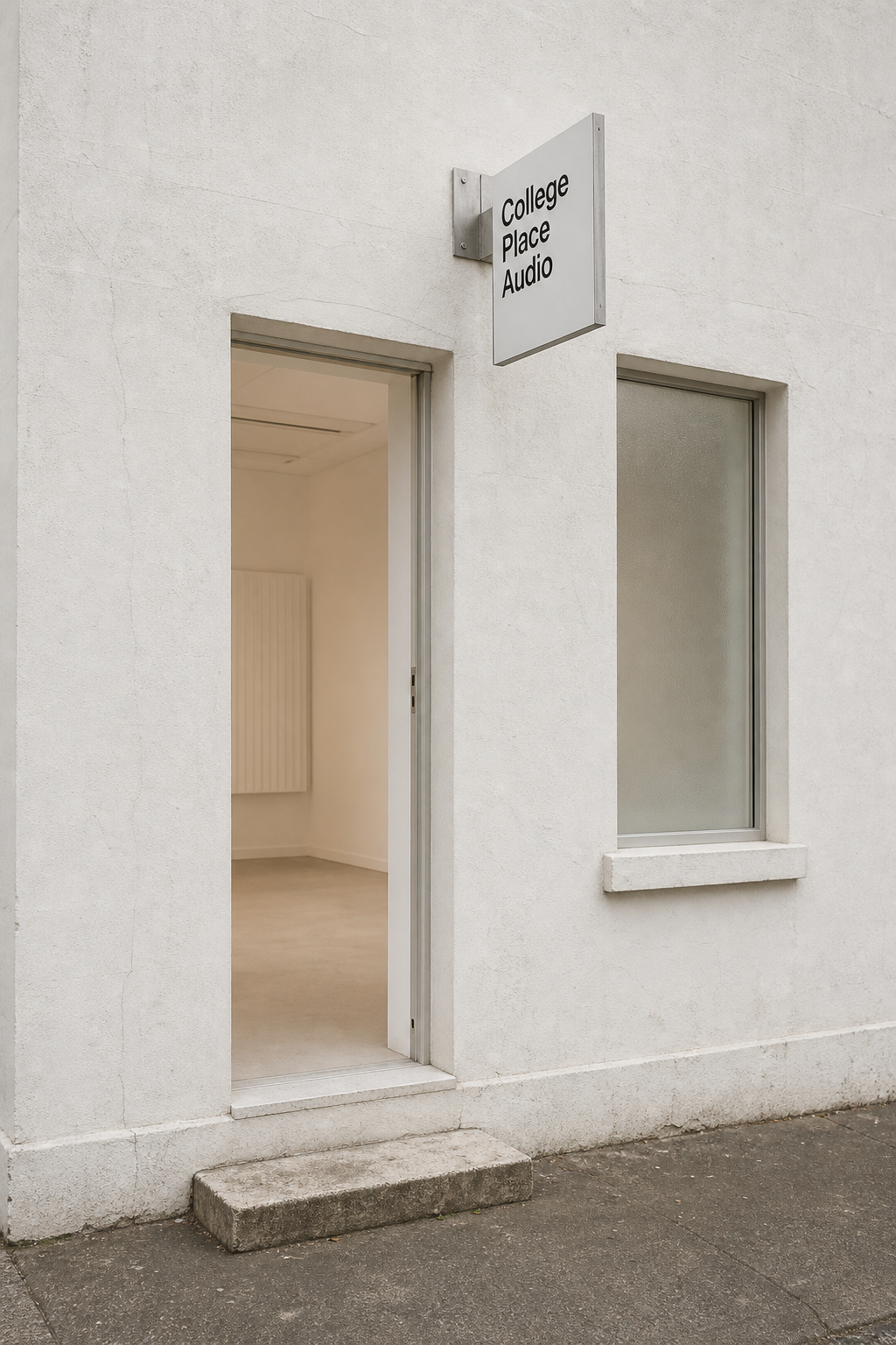 A minimal white studio exterior with a College Place Audio sign